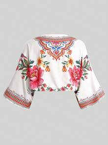 Franclia Chemise décontractée de vacances à la plage pour femmes grandes tailles, col en V, imprimé floral nomade, couleur contrastée, élégante, rétro, avec nœud papillon - Multicolore - Voir 2