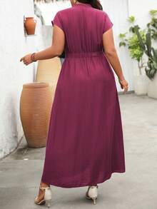 Vionelle Vestido de playa de estilo francés para mujer de talla grande, cuello en V con botones, mangas caídas, cintura con lazo, longitud maxi, adecuado para uso diario, primavera/verano - Rojo violeta - Ver 2