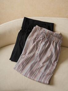 Elaquor 2pcs Plus Size Women Casual Textured Chiffon Basic Wide Leg Stripe Pants Casual Vacation Spring Pants For Women - Multicolor - View 5