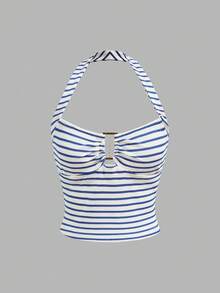 SHEIN PETITE Petite Women's Striped Waffle Knit 2 Pieces Set, Suitable For Spring/Summer Vacation, Beach - Blue and White - View 14