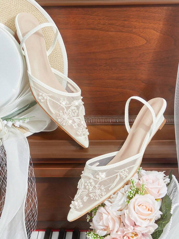 CUCCOO HITCHD Women Shoes Spring And Summer New Elegant Temperament Lace Mesh Pearl Pointed Heel Medium Heel Fashion Versatile Burgundy Banquet Wedding Daily Commuter Dating Essential Women's Flat Shoes