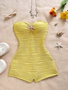Flirla Women's Summer Beach Vacation Outfit, European And American Fashion Resort Beach Textured Metal Decor Bandeau Jumpsuit Light Yellow Tropical - Yellow - View 5