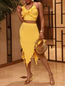 Lureya Women's Summer Spaghetti Strap Tank Top And Skirt 2 Piece Set, Scoop Neck Ruffle Trim Cropped Tank Top With Split Hem Skirt Caribbean Outfits For Women - Yellow - View 4