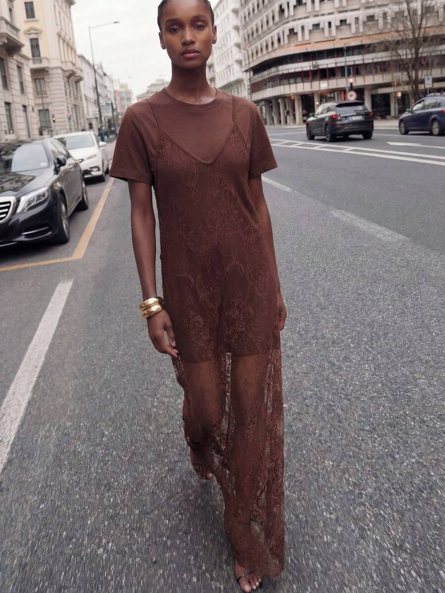 Maija Nuevo vestido camisero de encaje de color café, versátil para fiestas, reuniones, festivales, ocasiones elegantes, adecuado para primavera/verano - Multicolor - Ver 1