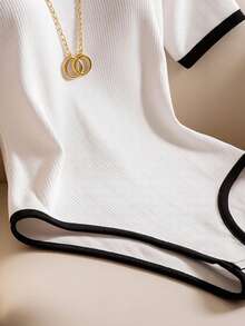 Franclia 女士V领撞色滚边休闲连体裤，日常百搭 - 黑與白 - 查看 3