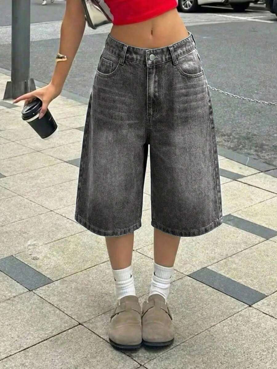 SHEIN 少女Y2K复古水洗口袋设计宽松百慕大牛仔长短裤，女孩夏季波西米亚风牛仔短裤，适合夏季休闲、学校、校园、大学穿着，女孩夏季服装搭配，适合春夏波西米亚风，季节复古//海滩/海边/优雅毕业装，休闲女士连体裤，夏季度假装，春季服装搭配，女士海滩装，女士度假装，情人节装，夏季度假装，女士海滩度假装，毕业装 - 黑色 - 查看 1