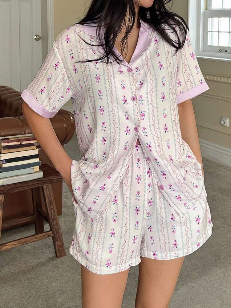 Women's Ditsy Floral Single-Breasted Contrast Trim Short Sleeve Top And Pocket Shorts Pajama Set
