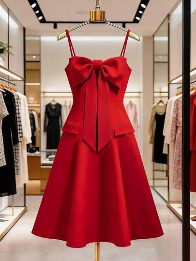 SHEIN Franclia Women's Spaghetti Strap Dress, Big Bow Decor, Solid Color, Suitable For Summer & Spring, Romantic Red, Chinese Style Elegant Casual Fashion, Suitable For Valentine's Day, Wedding Guest, Evening Party, A-Line Design With Zipper Back