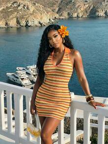 Slaydiva Đầm ngắn kiểu cổ yếm polo kết hợp áo tank top cổ chữ V với chất liệu vải móc họa tiết sọc cam và nâu, thích hợp cho kỳ nghỉ hè, đi biển, lễ hội âm nhạc, ngày Valentine, lễ Phục sinh, đám cưới, kỳ nghỉ theo mùa, trang phục thường ngày, tiệc bãi biển, tiệc trên du thuyền, phong cách cơ bản, thời trang, hẹn hò hàng ngày, đầm ngắn nữ - A - Nhiều màu - Xem 6