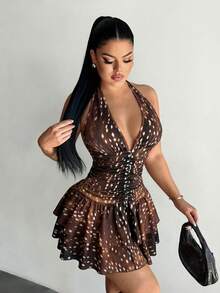 Vestido de mujer con cuello halter, estampado de leopardo y volantes en el bajo - Multicolor 4 - Ver 4