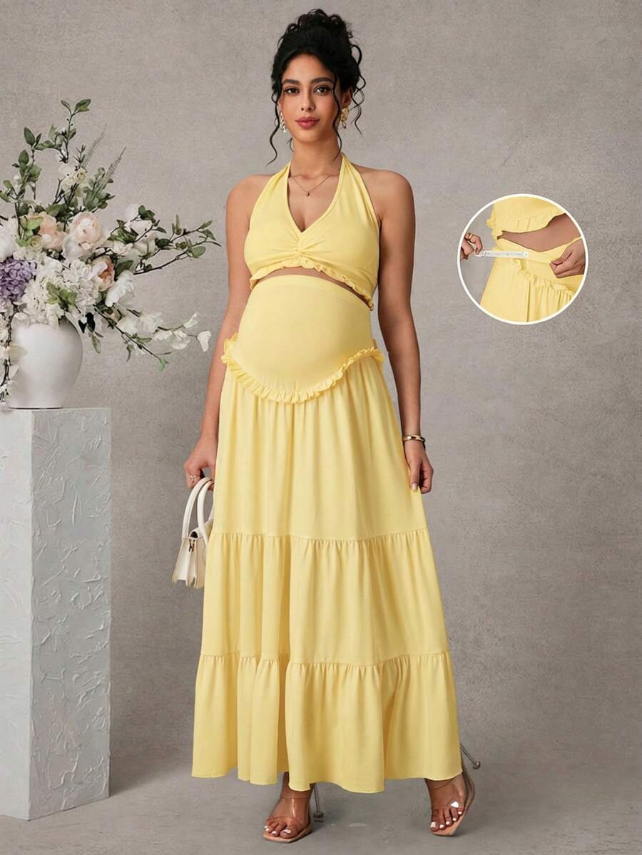 Momance Women Solid Color Twist Knot Halter Top & Tiered Maxi Dress 2-Piece Set,Yellow,Summer,Casual,Maternity,Photoshoot,Holiday Elegant Pregnancy Clothing - Yellow - View 1