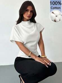 100% Cotton Crinkle Collar Asymmetrical Sleeve Side Ruched Waist Slim Fit White Blouse For Women, All Season - White - View 8
