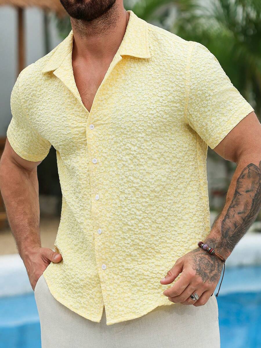 VENTUSAIL Áo sơ mi nam tay ngắn cài một hàng khuy bằng vải jacquard, kiểu dáng thường ngày. - Màu vàng - Xem 1