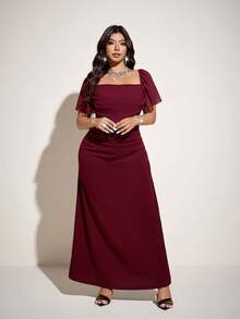 Viva Relle Plus Size Women's Spring/Summer New Arrival Luxury Elegant Wine Red Square Neck Puff Sleeve Dress, Waist Ruched Fitted Long Dress. Suitable For Romantic Weddings, Formal Parties, Valentine's Day, Luxury Elegant Style Fashion, Minimalist Plus Size Clothing - Burgundy - View 5