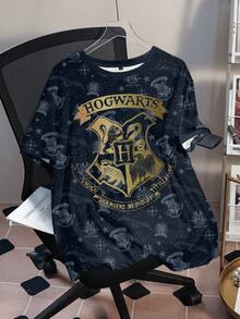 HARRY POTTER X SHEIN 大码女式夏季休闲时尚街头风日常通勤校园风动物徽章字母印花宽松T恤 - 白色 - 查看 3