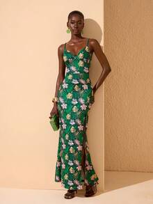 JIAN LASALA All-Over Print Spaghetti Straps Bustier Sleeveless Women Boho Tropical Dress Holiday Wear Bar Party Vacation Green Summer - Multicolor - View 1