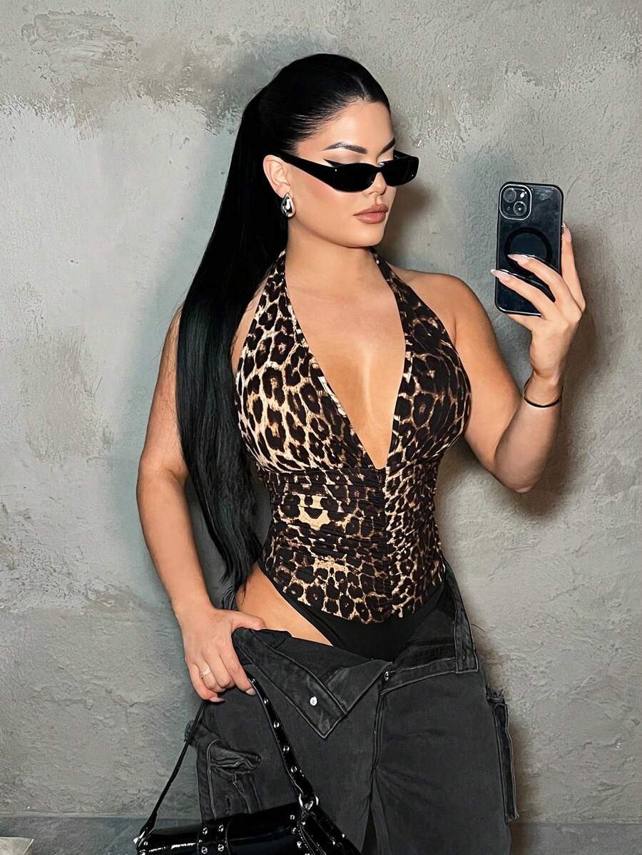 SHEIN SXY Sexy Leopard Print Halter Bodysuit - Multicolor - View 1