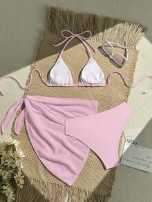 Zestiva 3pcs/Set Solid Color Textured Bikini Swimsuit For Beach Vacation For Summer - Pink - View 2