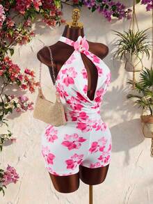 Amplova Bộ jumpsuit ngắn ôm sát họa tiết hoa lan xanh, thích hợp cho kỳ nghỉ xuân sớm 2026, dự tiệc và các buổi tụ họp. - Hồng - Xem 1