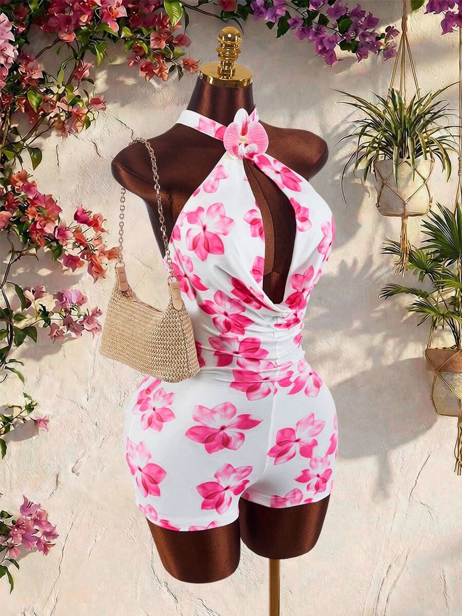Amplova Bộ jumpsuit ngắn ôm sát họa tiết hoa lan xanh, thích hợp cho kỳ nghỉ xuân sớm 2026, dự tiệc và các buổi tụ họp. - Hồng - Xem 1