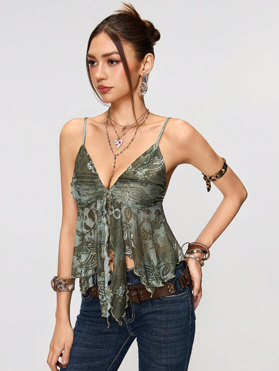 Rina Fox Camiseta casual versátil con volantes en el bajo, estampado total para mujer - Verde - Ver 1