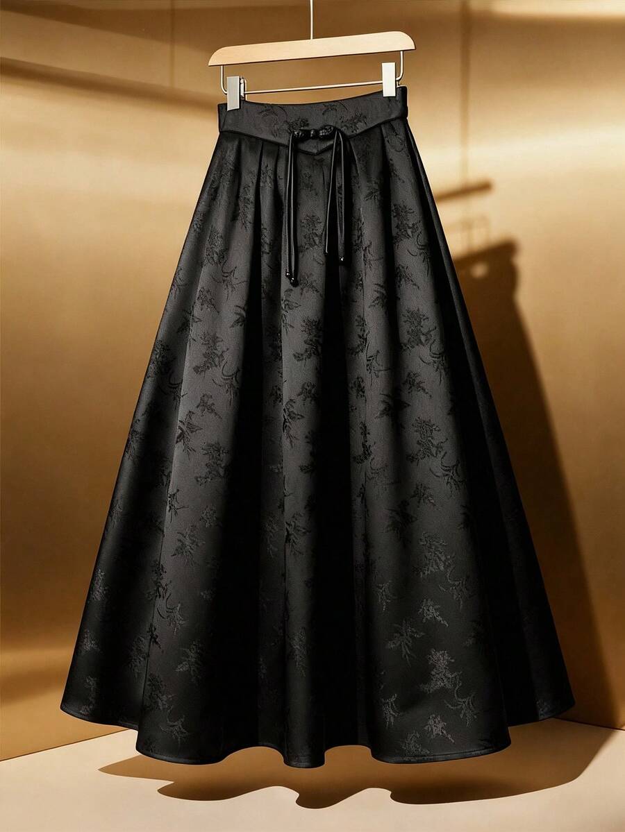 SHEIN Clasi 新款中国风优雅高端A字大码半身裙,秋季款 - 黑色 - 查看 1