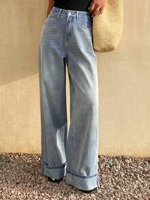 Livesso 女士休闲时尚街头风日常通勤宽松阔腿牛仔裤 - 藍色 - 查看 5