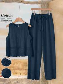 Rusticease Plus Size Women's 2pc Set Navy Blue Summer Boho Vacation Holiday,Lace Patchwork Round Neck Sleeveless Top And Wide Leg Pants,Comfortable - Dusty Blue - View 7