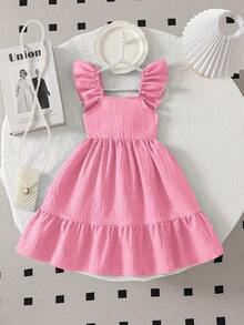 SHEIN Elladie kids 小女孩甜美可爱沙滩度假夏季短袖蝴蝶结装饰连衣裙，适合日常和假日穿着 - 粉色 - 查看 3