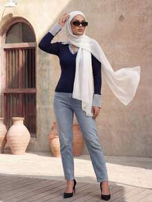 Calvaya 蓝色条纹印花撞色女士简约V领Polo衫，弹力打底修身款，适合休闲、俱乐部、商务休闲、音乐会、办公室、老钱风、修身日常、性感派对、街头度假、旅行、约会等场合，春夏秋冬新款长袖喇叭袖T恤 - 寶藍色 - 查看 7