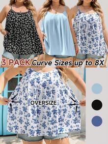 SHEIN CURVE+ 3pcs Plus Size Women's Vacation Black & White Floral, Blue & White Floral Casual Loose Camisole Tops - Multicolor - View 1