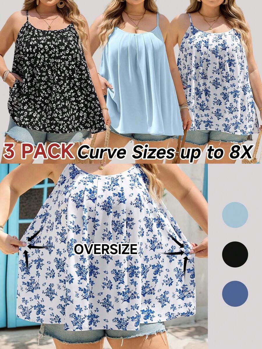 SHEIN CURVE+ 3pcs Plus Size Women's Vacation Black & White Floral, Blue & White Floral Casual Loose Camisole Tops - Multicolor - View 1