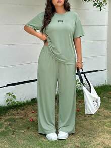 EIN  Conjunto de camiseta holgada de manga caída con estampado de leopardo y pantalones de pierna ancha para mujer talla grande, adecuado para primavera/verano, vacaciones y uso diario - verde menta - Ver 3