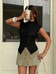 Muchica 女士春夏新款褶皱领针织上衣 - 黑色 - 查看 3