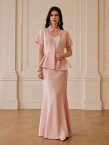 ZEYLAH Spring/Summer Beaded Lapel Short Sleeve Jacket & Mermaid Hem Skirt Elegant 2 Pieces Set - Pink - View 6