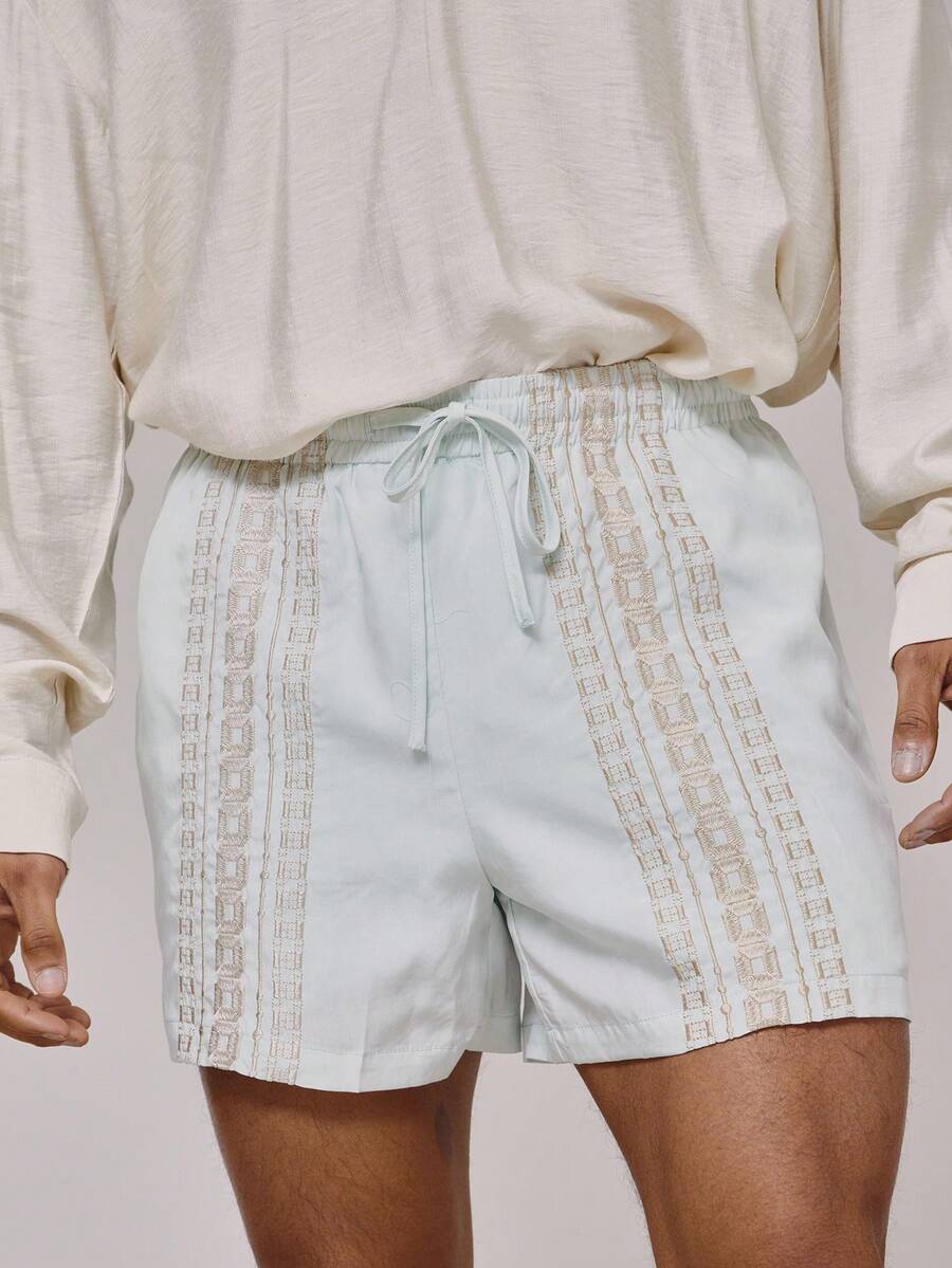 Musero Quần short dáng rộng, có dây rút và chun ở eo, thêu họa tiết, thích hợp cho mùa xuân hè, đi nghỉ mát hoặc đi biển. - Màu xanh nhạt - Xem 1