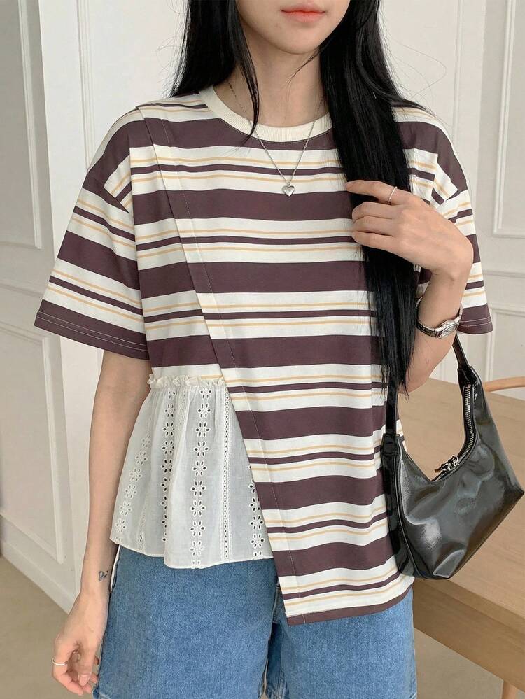Women's Striped Round Neck Short Sleeve Asymmetric Hem Casual T-Shirt Graphic Tees Women
