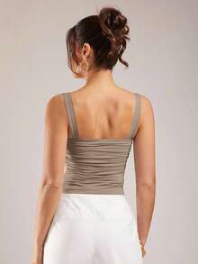 Silquee Women's Solid Color Pleated Casual Versatile Daily Wear Top - Khaki - View 2