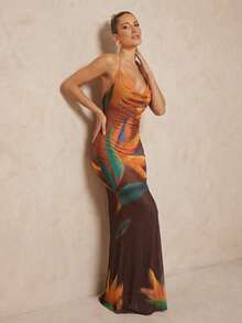 Lumalex 女士超大款花卉渐变吊带露背垂褶领紧身连衣裙，柔软网纱 - 彩色 - 查看 11