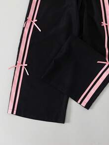 SHEIN Sparklyn 2件套少女白色短袖露脐上衣T恤和阔腿裤套装，配蝴蝶结腰带，粉色，适合春夏穿着，柔软舒适，休闲/运动风 - 彩色 - 查看 9
