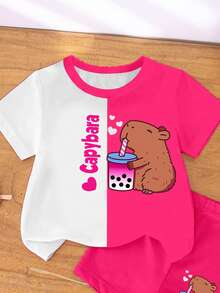 SHEIN Bộ đồ thời trang màu hồng dễ thương hoạt hình trà sữa bong bóng màu xanh cho bé gái mới biết đi + quần đùi đạp xe - Nhiều màu - Xem 4