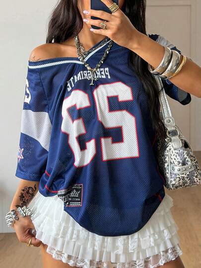 Coolane Camiseta de fútbol con cuello en V rosa con estampado de leopardo y número, estilo streetwear Y2K para mujer, primavera-verano