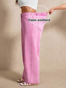 Elaquor Jeans rectos de cintura alta lavados de talla grande - Rosa - Ver 2
