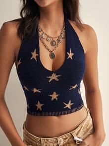 Easelle Áo hai dây kiểu retro casual với dây mảnh và họa tiết ngôi sao, thiết kế hở lưng dành cho nữ. - Nhiều màu - Xem 5