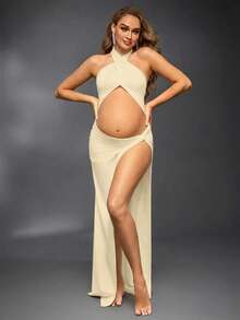 Cheriluna Maternity 孕妇纯色交叉镂空侧开衩吊带连衣裙 - 杏色 - 查看 1