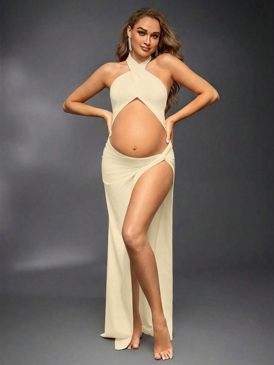 Cheriluna Maternity 孕妇纯色交叉镂空侧开衩吊带连衣裙 - 杏色 - 查看 1