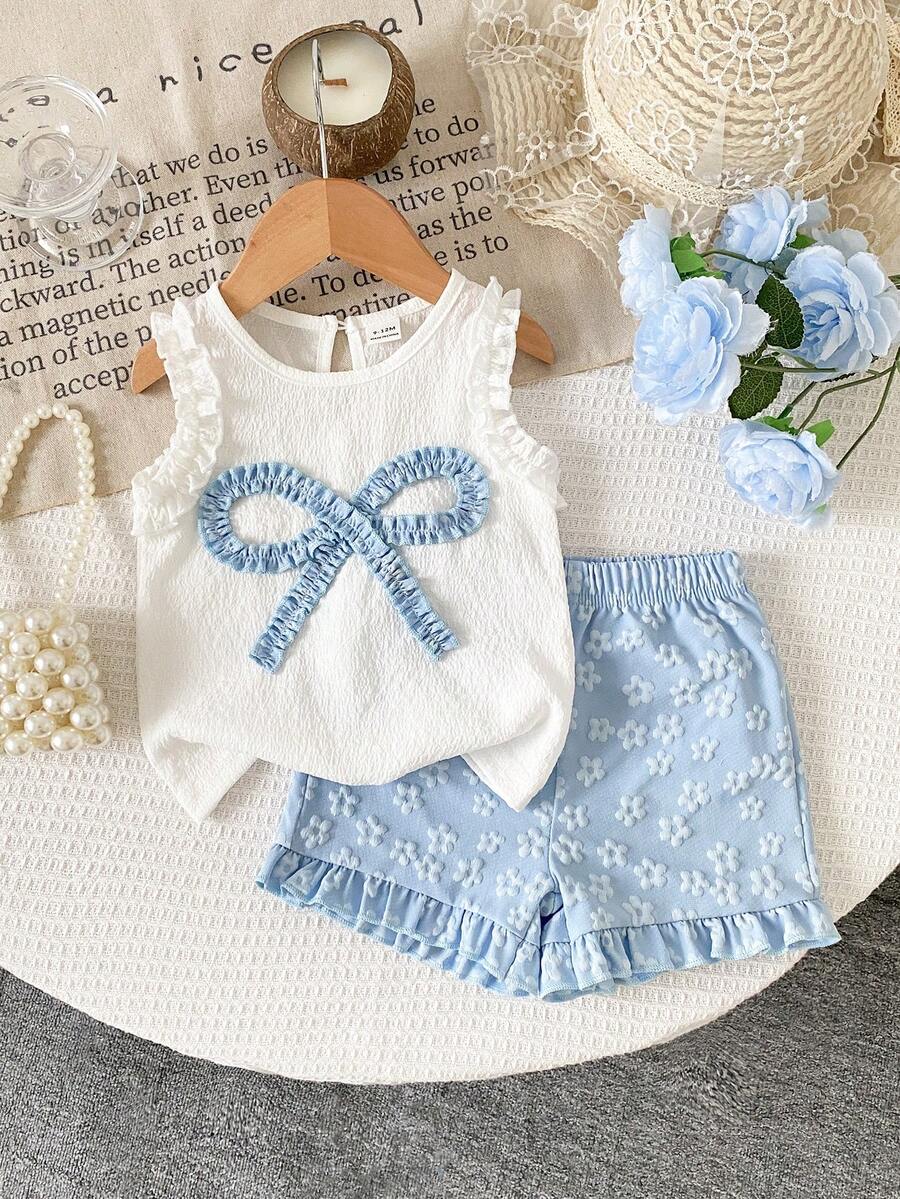 SHEIN Vintaside Kids 女婴可爱提花吊带背心和提花短裤套装，春夏款 - 藍色 - 查看 1