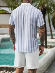 VENTUSAIL Bộ đồ nam thường ngày kẻ sọc, áo sơ mi tay ngắn cài khuy nửa thân và quần short cạp chun có túi. - Nhiều màu - Xem 2