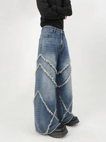 Manfinity Roghcode Jeans anchos casuales lavados y desgastados para hombres - Azul - Ver 4