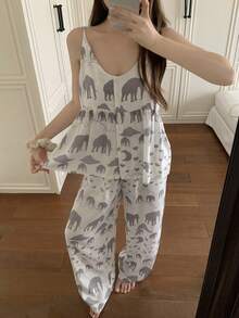 DAZY 女士动物剪影印花吊带背心和宽松睡裤套装 - 白色 - 查看 1